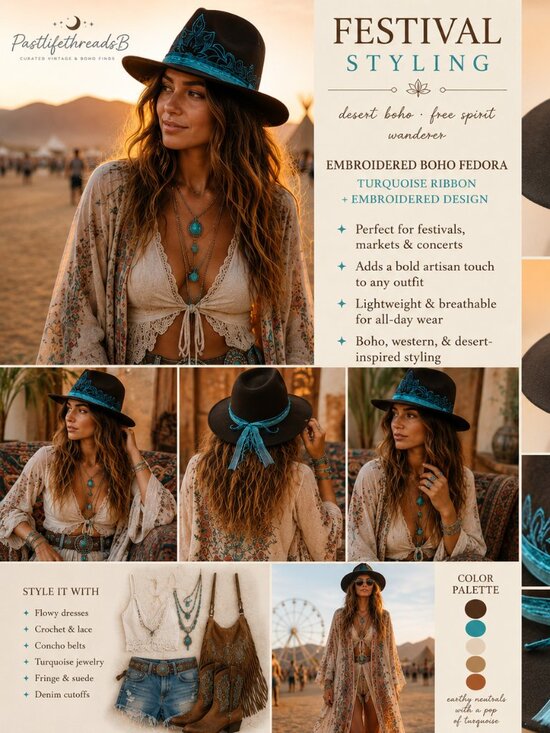 Boutique Black Felt Hat w/ Turquoise Embroidery — Southwestern Boho Festival main image 10